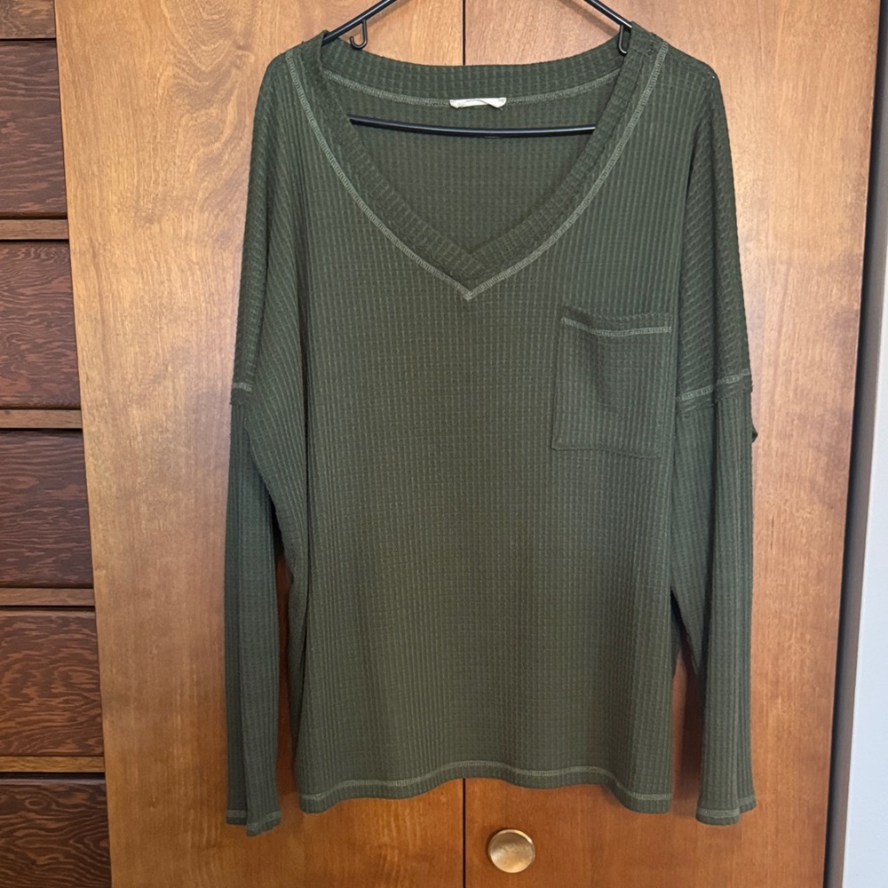 Green waffle knit V-Neck Sweater